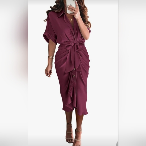 BTFBMWomen Button Down Ruched Shirt Dresses Short Sleeve Lapel V Neck Satin Drss - Picture 1 of 5